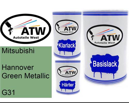 Mitsubishi, Hannover Green Metallic, G31: 500ml Lackdose + 500ml Klarlack + 250ml Härter - Set, von ATW Autoteile West.